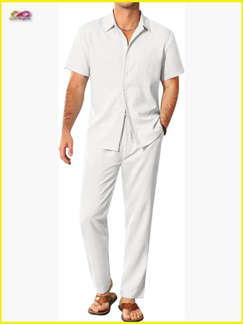 Men's Casual Short Sleeve Button Down Shirt and Pants Set Lightweight Texture